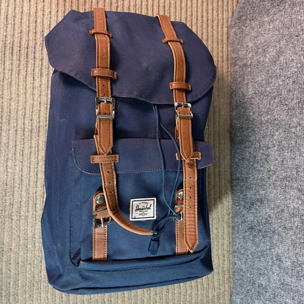 Herschel Supply Co Little America Backpack Navy Blue Tan Straps Travel Bag